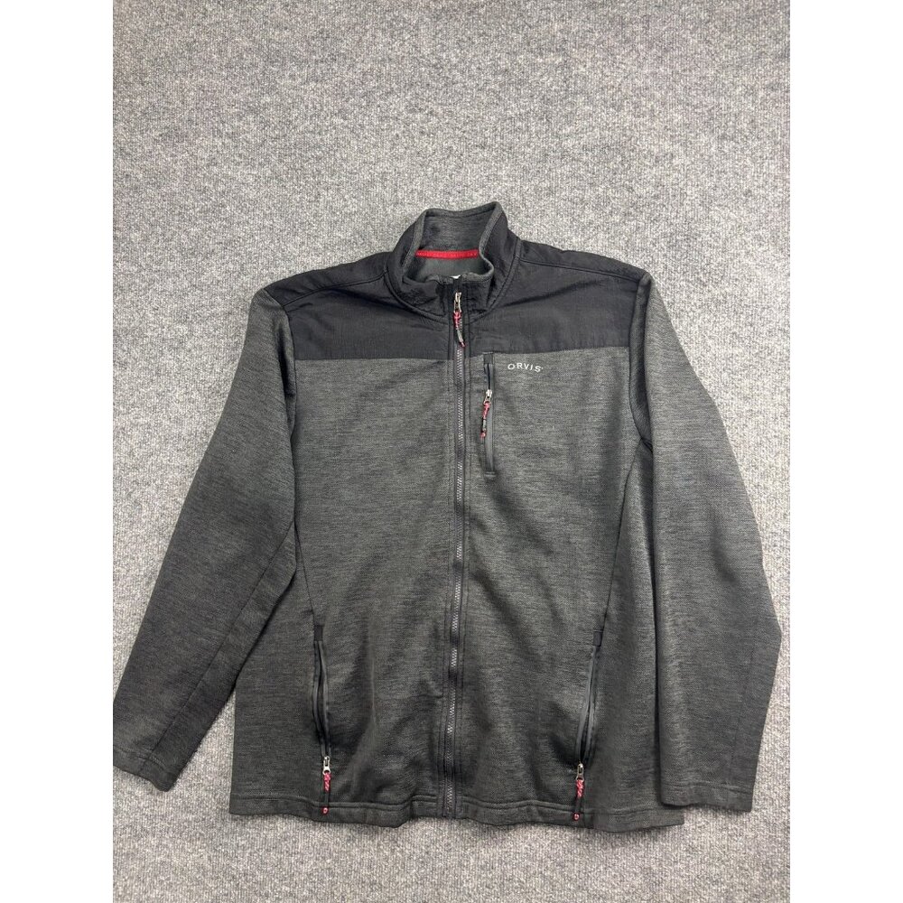 Orvis Jacket Mens Large Gray Fleece Full Zip Softshell Yoke Pockets Outdoor